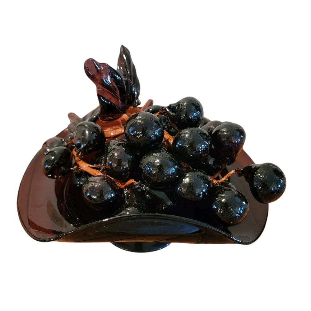 Amethyst Hand‎ Blown Glass Bowl with Amethyst Glass Grape Clusters MCM